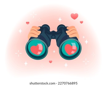 Binocular search love. Man hands holding binoculars glasses and looking loving girl or guy them, searching heart couple dating banner concept, cartoon vector illustration of look binocular through