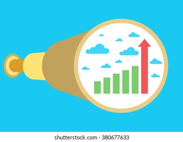 In binocular seen a rocket. Rocket as a symbol of business growth.