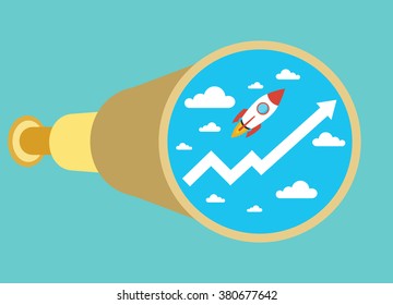 In binocular seen a rocket. Rocket as a symbol of business growth.
