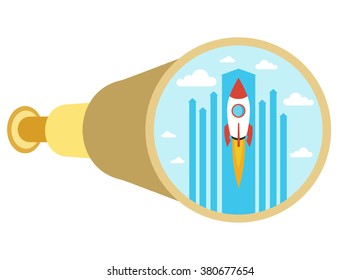 In binocular seen a rocket. Rocket as a symbol of business growth.
