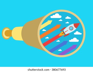 In binocular seen a rocket. Rocket as a symbol of business growth.
