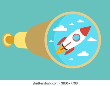 In binocular seen a rocket. Rocket as a symbol of business growth.