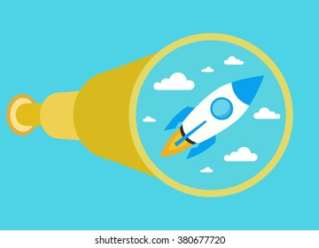 In binocular seen a rocket. Rocket as a symbol of business growth.