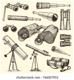 Binocular Set Monocular Vintage, Engraved Hand Drawn In Sketch Or Wood Cut Style, Old Looking Retro Scinetific Instrument For Exploring And Discovering.