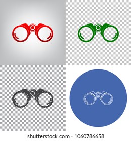 Binocular sign illustration. Vector. 4 styles. Red gradient in radial lighted background, green flat and gray scribble icons on transparent and linear one in blue circle.