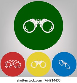 Binocular sign illustration. Vector. 4 white styles of icon at 4 colored circles on light gray background.