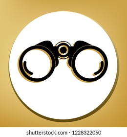 Binocular sign illustration. Vector. Black icon with light brown shadow in white circle with shaped ring at golden background.