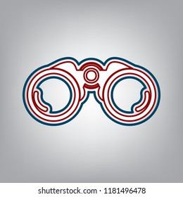 Binocular sign illustration. Vector. Dark red, transparent and midnight green stroke of white icon at grayish background.