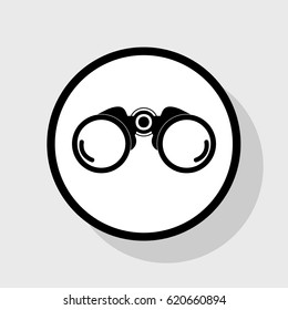 Binocular sign illustration. Vector. Flat black icon in white circle with shadow at gray background.
