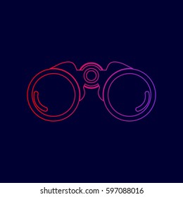 Binocular sign illustration. Vector. Line icon with gradient from red to violet colors on dark blue background.