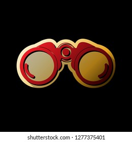 Binocular Sign Illustration. Vector. Red Icon With Small Black And Limitless Shadows At Golden Sticker On Black Background.