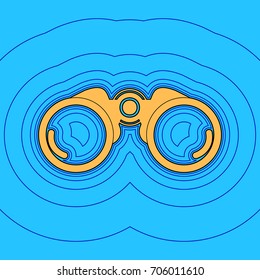 Binocular sign illustration. Vector. Sand color icon with black contour and equidistant blue contours like field at sky blue background. Like waves on map - island in ocean or sea.