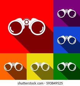 Binocular sign illustration. Vector. Set of icons with flat shadows at red, orange, yellow, green, blue and violet background.