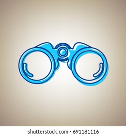 Binocular sign illustration. Vector. Sky blue icon with defected blue contour on beige background.