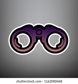 Binocular sign illustration. Vector. Violet gradient icon with black and white linear edges at gray background.