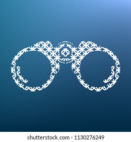 Binocular sign illustration. Vector. White textured icon at lapis lazuli gradient background.