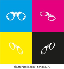 Binocular sign illustration. Vector. White icon with isometric projections on cyan, magenta, yellow and black backgrounds.