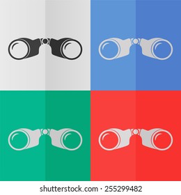 Binocular vector icon. Effect of folded paper. Colored (red, blue, green) illustrations. Flat design
