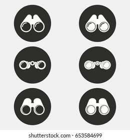 Binocular vector icons set. White illustration isolated for graphic and web design. Circle buttons.