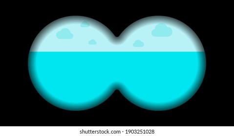 Binocular view with cartoon seascape. Optical sight. Military optical instrument. Flat vector illustration.