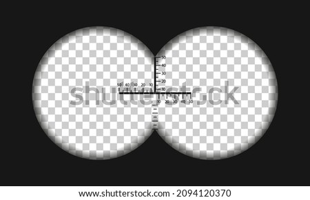 Binocular view with sight. Binocular with scope, lens and viewfinder for gun on battlefield. Periscope on transparent background. Telescope for hunting vision. Vector.
