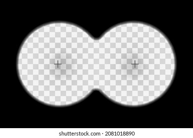 Binocular viewfinder screen with white transparent background and marks. Spy night vision concept vector illustration. Retro optical frame. Realistic view with translucent gradient lens