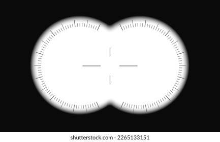 Binocular viewfinder template with scale and aim sign. Military, spy, commando, hunting or tourist optical tool for searching, magnifying, exploration, following, investigation. Vector illustration