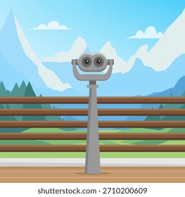 Binocular con una maravillosa vista de las montañas en estilo plano. Mirador con binocular. existencias de Vector