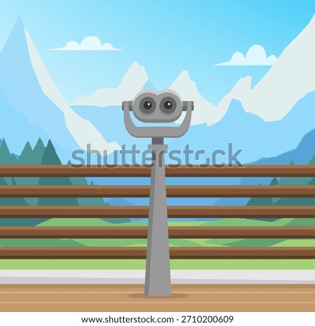 Binocular with a wonderful view of mountains in flat style. Viewpoint with binocular. Vector stock