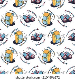 Binoculares y mochilas. Patrón sin brillo en un fondo blanco. Ilustración vectorial de corte.
