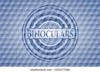 Binoculars blue badge with geometric background.