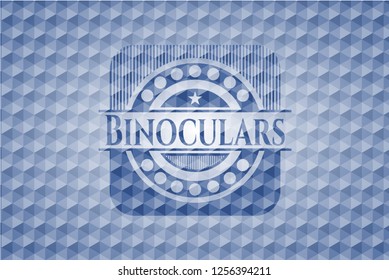 Binoculars blue badge with geometric pattern background.