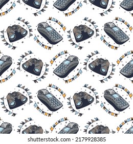 Binoculars and Cash register. Seamless pattern on a white background. Cute vector illustration.