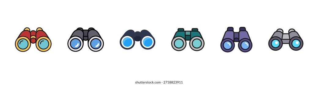 Binoculars color icon set. Optical observation device colorful symbols. Vision and magnification multicolored icon collection for search, surveillance, exploration, monitoring or viewing concepts.