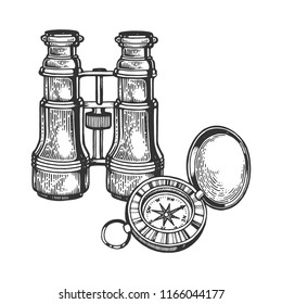 Binoculars Compass Engraving Vector Illustration Scratch Stock Vector ...