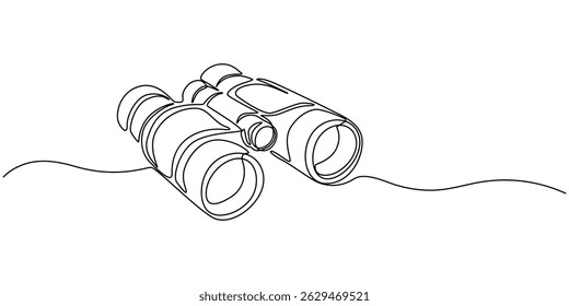 Binoculars continuous one line drawing. Time clock symbol, Binocular continuous single line drawing. Vector illustration, Binoculars Line Icon, Military concept vector illustration, minimal line.