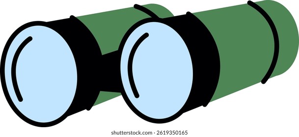 Binoculars are depicted in a simple cartoon style with bold outlines and flat shading.  The viewing device is shown with a basic, clear drawing of lenses and body. Cartoon vector illustration