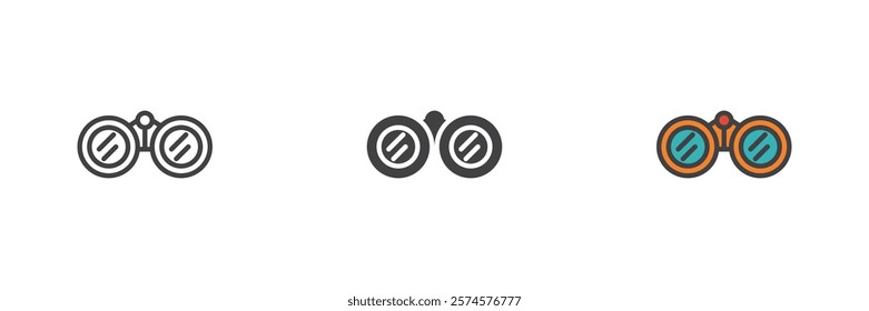 Binoculars different style icon set. Line, glyph and filled outline colorful version, outline and filled vector sign. Field glasses symbol, logo illustration. Vector graphics