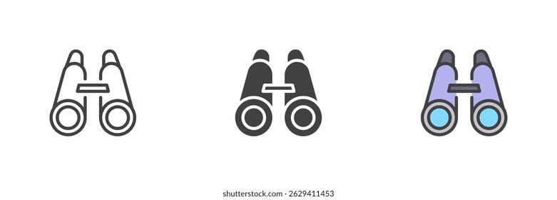 Binoculars different style icon set. Line, glyph and filled outline colorful version, outline and filled vector sign. Symbol, logo illustration. Vector graphics
