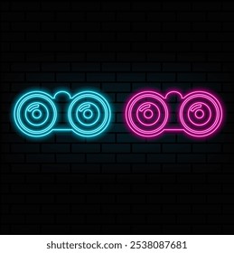 Binoculars, explore, multicolor neon icon on dark brick wall.