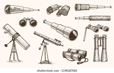 Binoculars or field glasses. Military set. vintage telescopes and optical equipment. engraved hand drawn old line icon. retro sketch style. Concept of active travel, exploration, discovery.