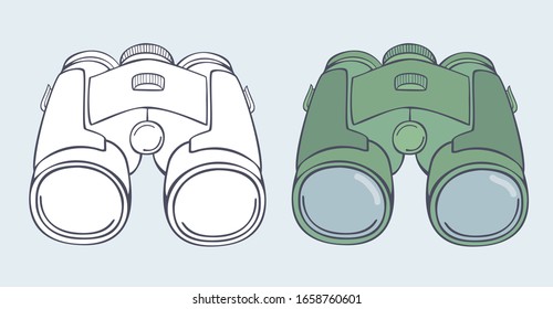 Binoculars field glasses in vector icon outline for tourist, camping, expedition or safari wildlife watch tour gear.