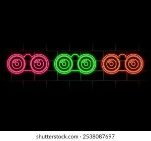 Binoculars, find neon icon. Blue and yellow neon vector icon..