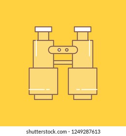 binoculars, find, search, explore, camping Flat Line Filled Icon. Beautiful Logo button over yellow background for UI and UX, website or mobile application