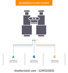 binoculars, find, search, explore, camping Business Flow Chart Design with 3 Steps. Glyph Icon For Presentation Background Template Place for text.