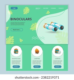 Binoculars flache Landing Page Website Vorlage. Rucksack, Lagerfeuer, Kompass. Webbanner mit Header, Inhalt und Fußzeile. Vektorgrafik.