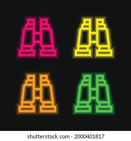 Binoculars four color glowing neon vector icon