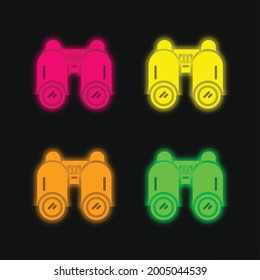 Binoculars four color glowing neon vector icon