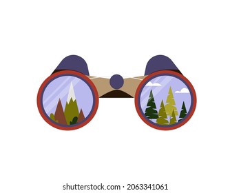 Binoculares, vista frontal, reflejo de bosques y montañas. Ilustración del vector