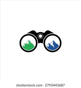 Binoculars with green and blue mountain views, symbolizing exploration and travel.